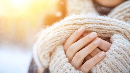 Poster - Gentle Hands Holding a Thick Cozy Knitted Scarf in Winter Light : Generative AI