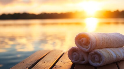 Poster - Serene Spa Experience with Towels Set by the Water During Sunset Offering Tranquility and Relaxation : Generative AI