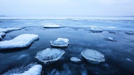 Poster - Peaceful icy shore with floating ice chunks under a cloudy sky : Generative AI