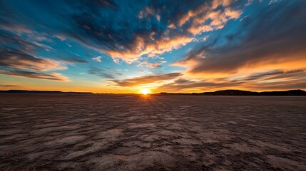 Aufkleber - Stunning Sunset Over a Vast Desert Landscape with Vibrant Colors and Dramatic Clouds : Generative AI