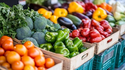 Poster - Fresh Colorful Vegetables Arranged at Outdoor Market Stall Full of Produce : Generative AI