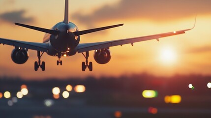 Poster - Airplane descending towards the runway at sunset showcasing travel and adventure : Generative AI