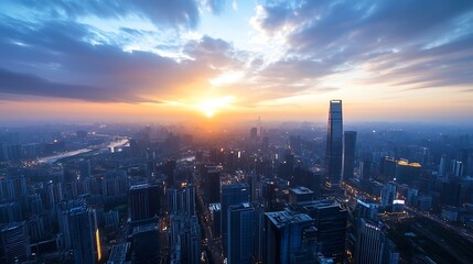 Poster - Dramatic Sunset Over a City Skyline with High-rise Buildings : Generative AI