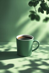 Poster - warm cup of coffee sits on a mint green surface with soft shadows from leaves in the background duri