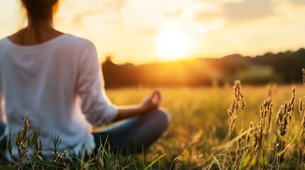 Poster - Woman Meditating at Sunset in a Scenic Field for Mindfulness and Wellness : Generative AI