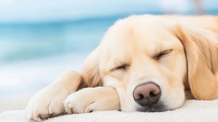 Poster - Golden Retriever Dog Sleeping Peacefully on Sandy Beach by the Ocean Waves : Generative AI