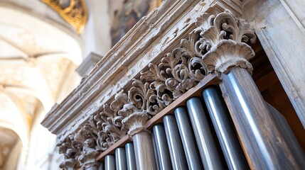 Aufkleber - Intricate Stone Carvings on Historic Church Wall with Pipes : Generative AI