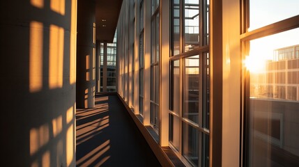 Poster - Natural sunlight streaming through large windows creates beautiful shadows in a modern office corridor : Generative AI