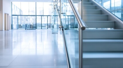 Poster - Modern glass staircase highlighting contemporary architecture with bright natural light streaming through : Generative AI
