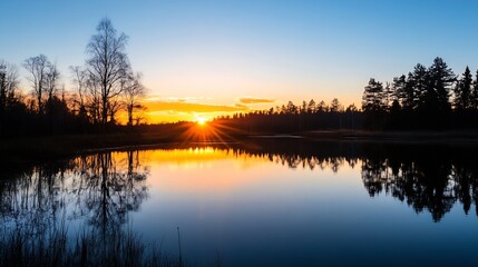 Poster - Stunning sunset reflection on a calm lake with silhouettes of trees and nature : Generative AI