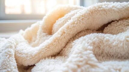 Poster - Close Up of Soft Plush Beige Blanket with Warm Light Highlighting the Cozy Texture : Generative AI