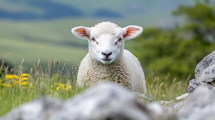 Poster - Adorable sheep in a green field with natural surroundings and yellow flowers adding color : Generative AI