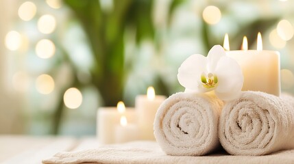 Aufkleber - Relaxing Spa Setting with Rolled Towels Candles and White Orchid Creating Tranquil Atmosphere : Generative AI