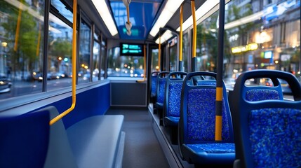 Poster - Interior of a modern urban bus with blue seats and natural light illuminating the space : Generative AI