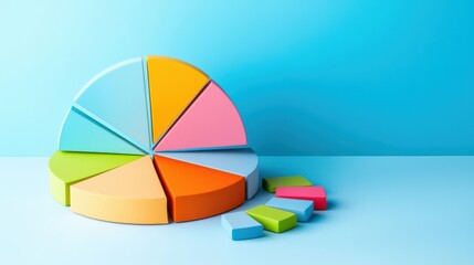 Poster - A vibrant 3D pie chart with colorful segments rests against a blue background. Ideal for data analysis, business presentations, or educational materials.