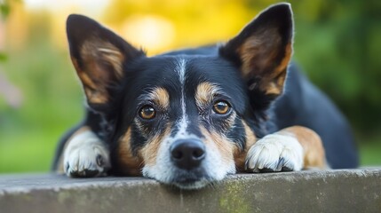 Aufkleber - A lovely black and brown dog relaxing peacefully on a sunny day in a beautiful garden setting : Generative AI