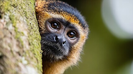 Poster - Curious Monkey Peeking from Tree with Expressive Eyes in Nature : Generative AI