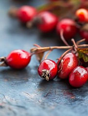 Poster - Close up of shiny red berries with delicate branches on a blurred background : Generative AI