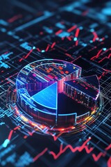 Poster - A vibrant 3D pie chart with glowing segments showcases data insights on a digital background, illustrating modern analytics and business trends.
