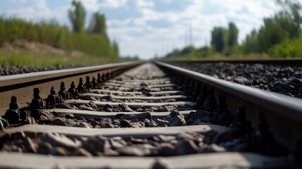 Aufkleber - Closeup view of railway tracks stretching into the distance under a clear blue sky with clouds : Generative AI