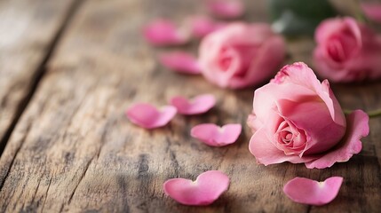 Aufkleber - Beautiful pink roses with scattered petals on a rustic wooden surface for a romantic display : Generative AI