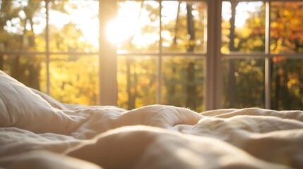 Aufkleber - Cozy Bedroom with Soft Bedding and Warm Sunlight Streaming Through Windows : Generative AI