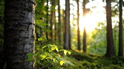 Poster - Sunlight Filtering Through Tall Trees in a Peaceful Forest : Generative AI