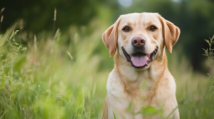 Poster - Smiling joyful labrador dog sitting in a sunny field surrounded by tall grass : Generative AI