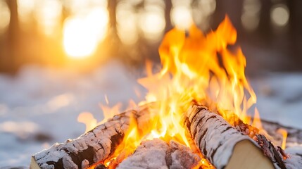 Aufkleber - Cozy Campfire with Burning Logs and Flickering Flames during Sunset in Winter Landscape : Generative AI