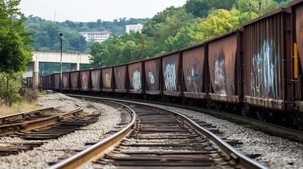 Poster - Rusty train cars filled with gravel on tracks surrounded by lush greenery and scenic backdrop : Generative AI