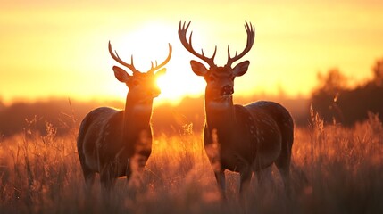 Poster - Majestic deer standing in a golden field during sunset showcasing natural beauty : Generative AI