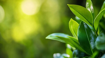 Aufkleber - Close Up of Glossy Green Leaves in Soft Sunlight Creating a Serene Natural Atmosphere : Generative AI