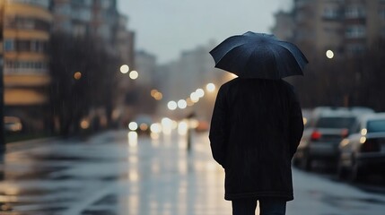 Aufkleber - Man Walking in the Rain with Umbrella on a City Street at Dusk : Generative AI