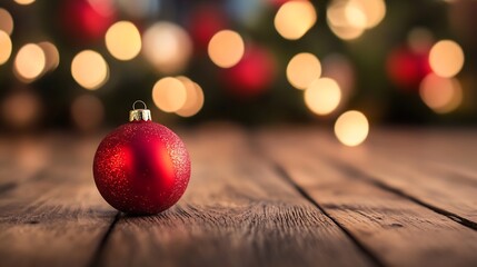 Aufkleber - Stunning Red Christmas Ornament on Wooden Background with Bokeh Holiday Lights : Generative AI