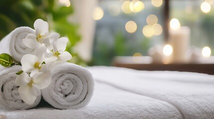 Poster - Elegant Spa Setting Featuring Soft Towels and White Flowers for a Luxurious Relaxation Experience : Generative AI