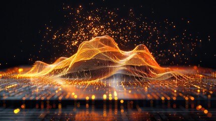 Aufkleber - This striking 3D render depicts an abstract visualization of data algorithms, featuring vibrant waves and shimmering particles against a black background.