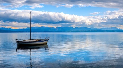 Aufkleber - Serene sailboat anchored on calm blue lake with clouds and mountains reflecting in the water : Generative AI