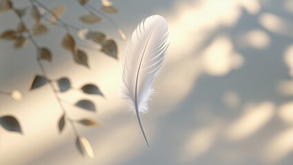 Poster - Soft white feather suspended against a softly-lit backdrop with delicate leaves, creating a serene atmosphere