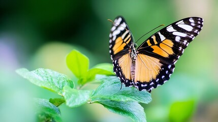 Poster - Vibrant butterfly perched on green leaves showcasing its stunning orange and black wings in a lush garden : Generative AI