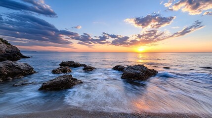 Aufkleber - Serene seascape at dusk with gentle waves lapping against rocky shoreline under a stunning sunset glow : Generative AI