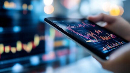 Aufkleber - Person analyzing stock market trends on a tablet device with graphical data on a busy digital display : Generative AI