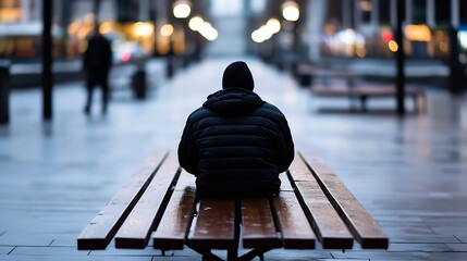 Poster - Contemplative figure seated alone on a bench in an urban setting during rainy twilight hours : Generative AI