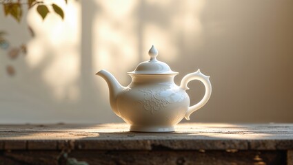 Poster - elegant white teapot placed on a rustic wooden table in a sunlit room during afternoon