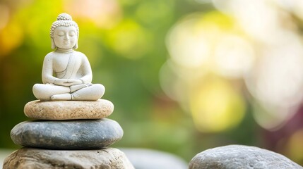 Fototapete - Serene Buddha Sculpture on Stacked Stones Surrounded by Nature for Tranquil Moments : Generative AI