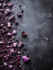 Leinwandbilder - Scattered pieces of crushed purple glass creating an artistic composition on a smooth black surface emphasizing textures and colors : Generative AI