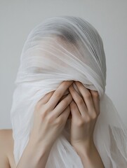 Poster - Mysterious portrait of an individual with a sheer veil partially concealing their face expressing emotion : Generative AI