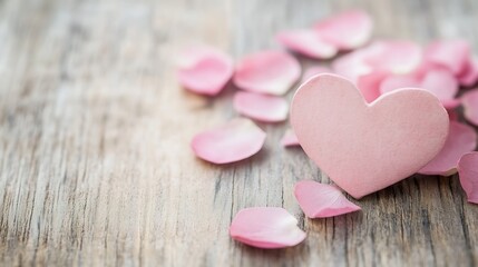 Poster - Beautiful pink heart decoration surrounded by rose petals on a wooden surface : Generative AI