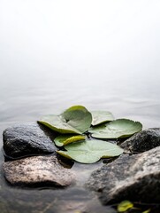 Poster - Peaceful scene of lily pads resting on smooth rocks in a tranquil body of water surrounded by nature : Generative AI