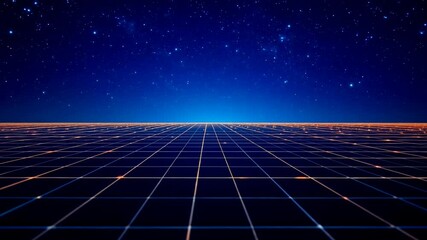 Fototapete - Futuristic horizon: glowing grid expands into starry cosmic sky backdrop
