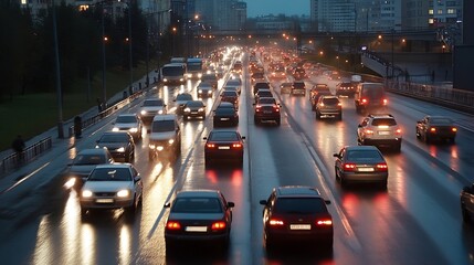 Aufkleber - Traffic Flow at Dusk with Reflections on Wet Pavement from Street Lights : Generative AI